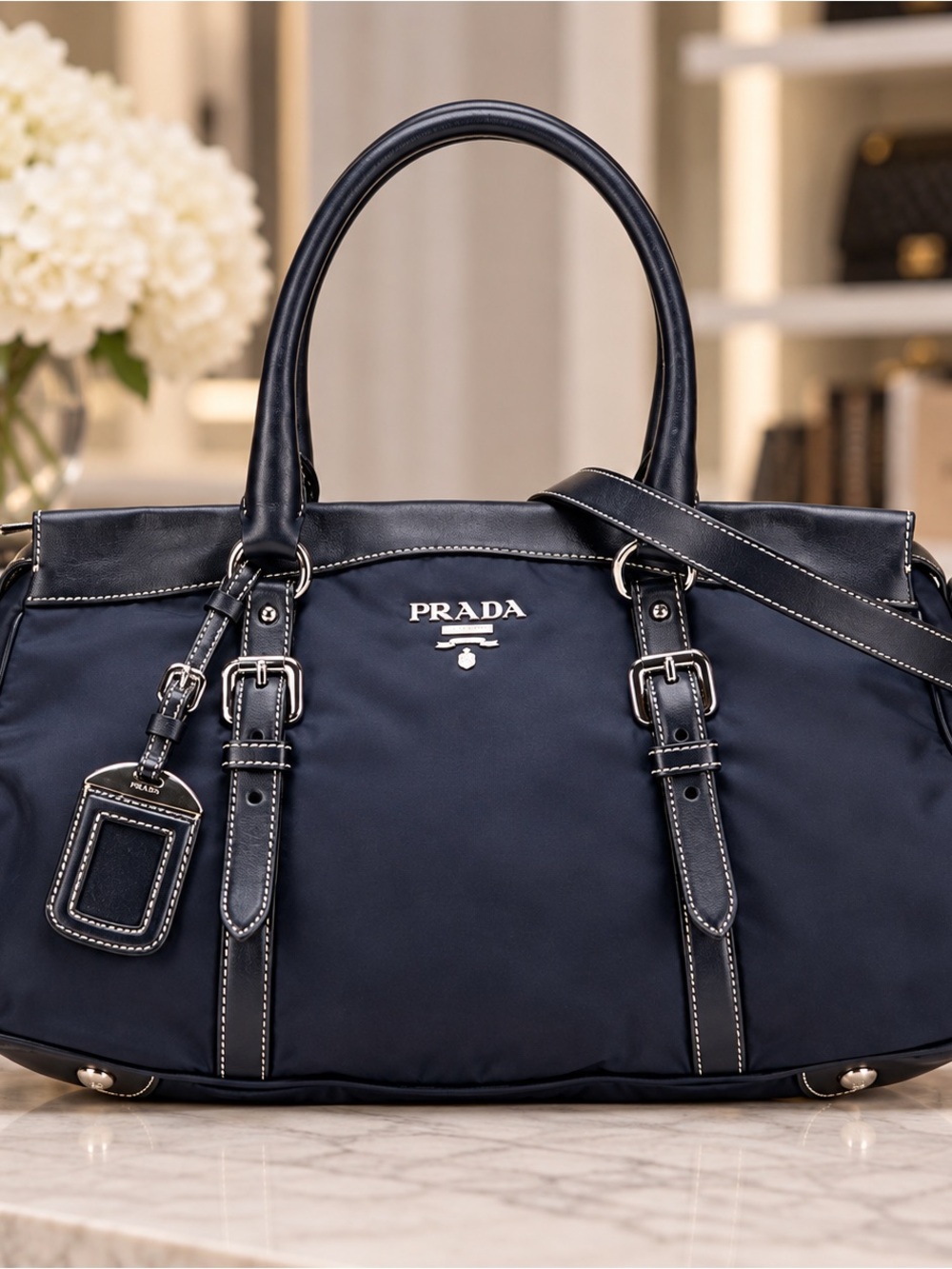 Prada Tessuto Nylon Leather Navy 2-Way Satchel Crossbody Bag (NWOT)